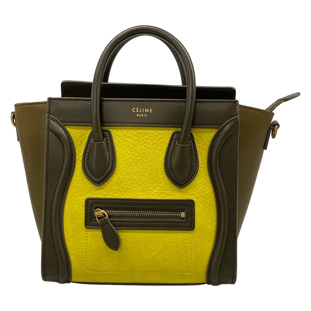 Celine Luggage Nano Shopper Handbag Yellow Green Dark Brown Smooth Calf Leather